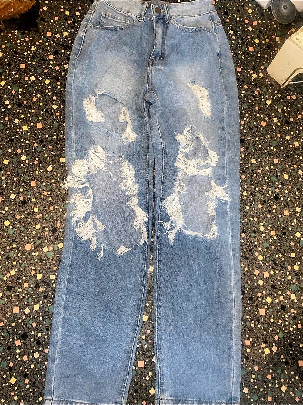 SHEIN High Waist Ripped Mom Jeans Straight Leg Blue XL